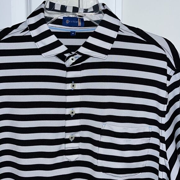 Stitch Performance Black White Stripe SS mens Golf Pocket Polo Tennis Shirt M - Picture 1 of 7